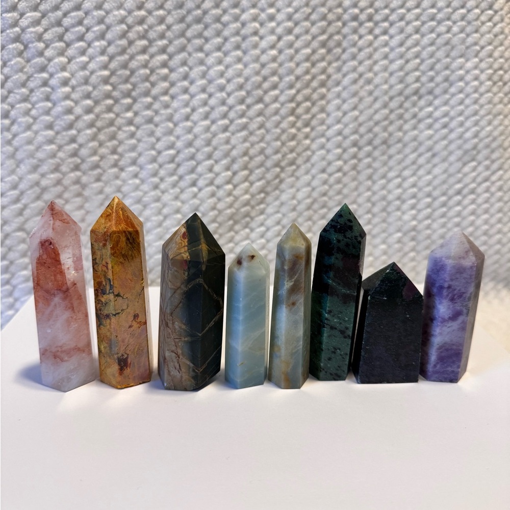 8 - Crystal Point Towers Set -  Fire Realgar Creek Amazonite Ruby Mica